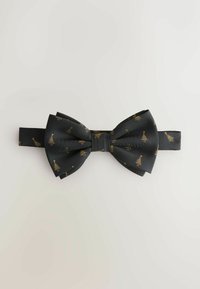 Black bow tie made of satin, featuring a gold Christmas tree pattern. Includes a solid black adjustable strap.