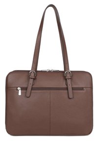 Bruine leren tote bag met twee lange banden, een ritssluiting, een voorvak en een gestructureerde afwerking. Rechthoekige vorm met minimale hardware.