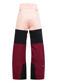 Farbblockierte Hose in Pink, Burgunderrot und Schwarz. Hergestellt aus glattem, wasserabweisendem Material mit zwei Gesäßtaschen und lockerer Passform.