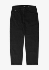 Schwarze Jeans aus Denim mit hohem Bund, geradem Bein, vorderen Taschen und Knopfverschluss. Keine sichtbaren Muster oder Akzente.