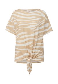 Beige T-Shirt mit weißen Zebra-Streifen, kurzen Ärmeln, rundem Halsausschnitt und einem geknoteten Saumdetails an der Vorderseite. Hergestellt aus weichem Stoff.