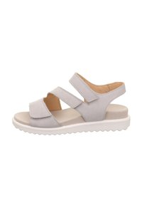 Lichtgrijze sandalen met twee verstelbare klittenbandsluitingen, gemaakt van gladde suède, met een gevoerd voetbed en een witte rubberen zool met een gegolfde rand.