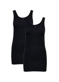Zwei schwarze Tanktops aus Baumwolle. Sie haben breite Träger, einen runden Ausschnitt und einen standardmäßigen Schnitt. Einfaches Design, ohne sichtbare Muster oder Akzente.