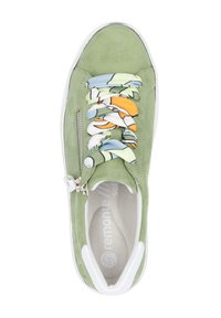 Green suede sneaker with decorative patterned laces, white sole, and a metal zip closure on the side, featuring a cushioned insole.