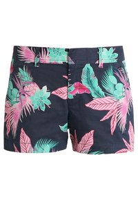 Shorts bleu marine avec un motif floral comportant des feuilles roses et turquoise ainsi que des ananas. Comprend des poches frontales et des passants de ceinture.