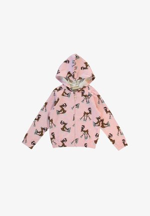 Hooded pink jacket featuring a repeated reindeer skating pattern. Made from soft fabric with elastic cuffs and waistband. Zipper front.