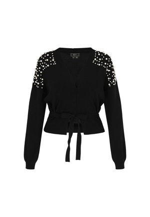 Black cardigan with a wrap design, long sleeves, and pearl accents on shoulders. Features a tied waist for a fitted look.