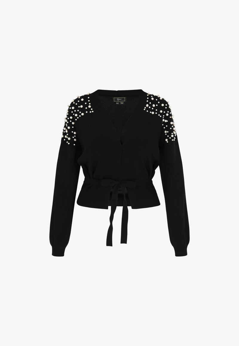 Svart cardigan med omslagdesign, långa ärmar och pärlaccenter på axlarna. Har en knyttjälke för en figurnära look.