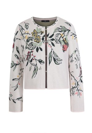 Bloemmotief cardigan van zachte stof, met korte mouwen, een ronde hals en een knoopsluiting aan de voorkant. Voornamelijk wit met groene, gele en rode accenten.