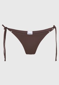 Brown bikini bottom with a smooth texture, adjustable tie sides, and silver hardware accents. Features a minimal design and seamless edges.
