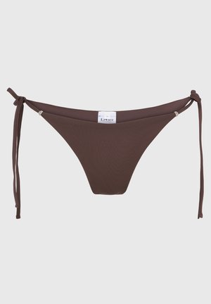 Brown bikini bottom with a smooth texture, adjustable tie sides, and silver hardware accents. Features a minimal design and seamless edges.