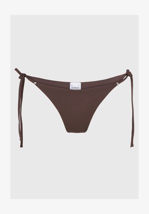Brown bikini bottom with a smooth texture, adjustable tie sides, and silver hardware accents. Features a minimal design and seamless edges.