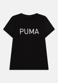 Juodos medvilnės marškinėliai trumpomis rankovėmis ir apvaliu iškarpymu. Šventraščio centre puikuojasi ryškus baltas "PUMA" logotipas, lygus audinys, tiesus apdaila.