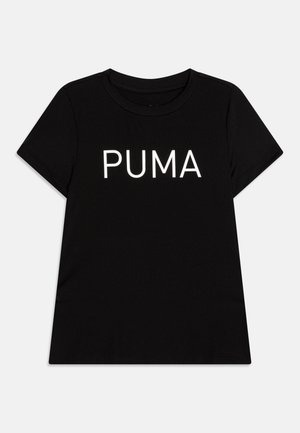 Black cotton t-shirt with short sleeves and a crew neck. Features bold white "PUMA" logo across the chest, smooth texture, straight hem.