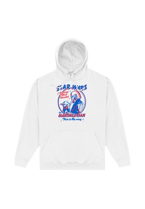 Hvid hættetrøje med rød og blå grafik af The Mandalorian og Grogu med teksten "Star Wars Galaxens mest eftersøgte" og "This is the way."