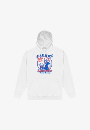 Witte hoodie met rood-blauwe afbeelding van The Mandalorian en Grogu met de tekst "Star Wars Galaxy's Most Wanted" en "This is the way."