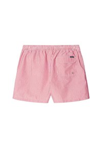 Rode en witte gestreepte zwembroek met een elastische tailleband en een achterzak met een merketiket. Lichtgewicht, casual ontwerp.