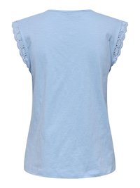 Světlomodrý tílko bez rukávů s ozdobnou krajkovou lemovkou na průramcích, hladká tkanina a kulatý výstřih, zobrazené zezadu.