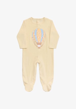 Un overol para bebé de color crema hecho de tela suave, con un diseño bordado de globo aerostático en colores pastel y pies cerrados.