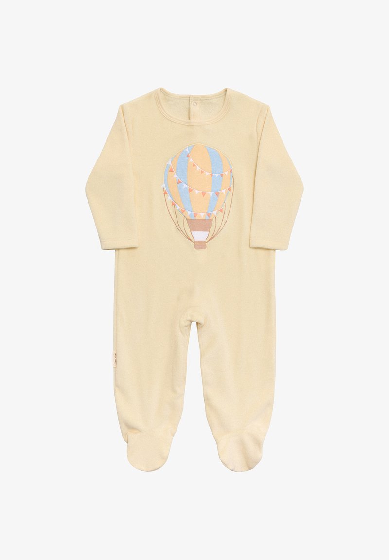 Un overol para bebé de color crema hecho de tela suave, con un diseño bordado de globo aerostático en colores pastel y pies cerrados.
