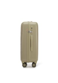 Maleta de carcasa dura en beige claro, con una superficie texturizada, dos ruedas, un asa retráctil y un candado de combinación para mayor seguridad.