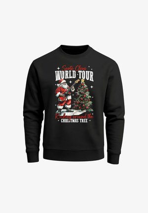 Black sweatshirt featuring a graphic of Santa Claus playing guitar beside a green Christmas tree, with red and white text elements.