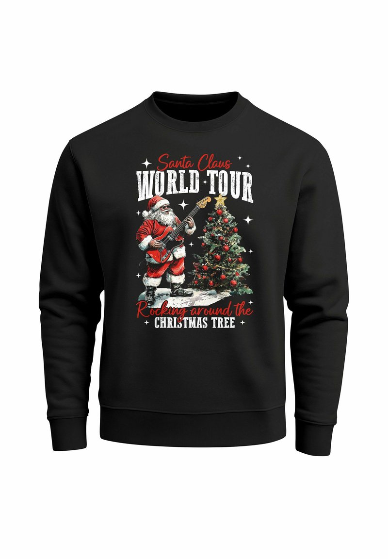 Schwarzer Sweatshirt mit einer Grafik von Weihnachtsmann, der neben einem grünen Weihnachtsbaum Gitarre spielt, mit roten und weißen Textelementen.