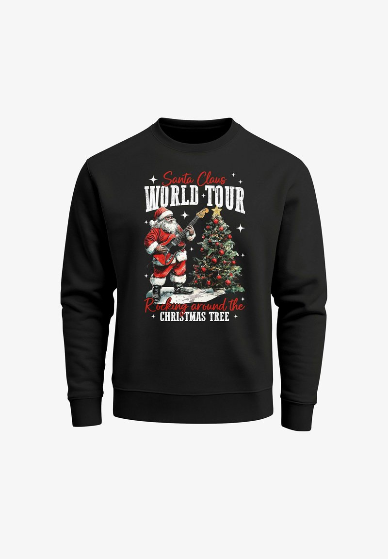 Schwarzer Sweatshirt mit einer Grafik von Weihnachtsmann, der neben einem grünen Weihnachtsbaum Gitarre spielt, mit roten und weißen Textelementen.