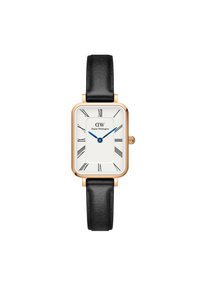 Quartz watch with a rectangular white dial, Roman numerals, blue hands, and rose gold metal case; features a black leather strap.