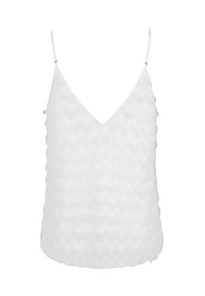 Top blanco sin mangas con escote en V, que presenta un patrón de olas texturizado y tirantes finos ajustables. Está hecho de una tela ligera.
