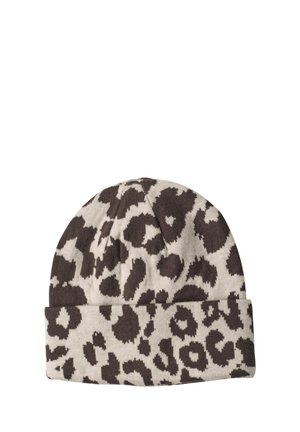 Bonnet avec motif léopard noir et beige et revers plié.