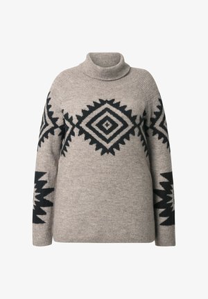 Overmaat gebreide trui in lichtgrijs met een turtleneck en zwarte geometrische patronen, waaronder diamanten en zigzags op de mouwen.