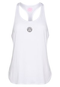 Vit ärmlös linne med rund halsringning, meshmaterial, racerback-design och en liten svart logotyp på bröstpartiet.