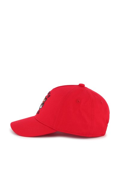 Red cotton cap with a curved brim, featuring embroidered tiger design on the front and adjustable strap at the back.