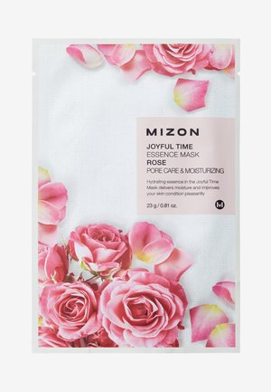De MIZON Joyful Time Essence Mask in een witte verpakking heeft roze rozen en bloemblaadjes met productdetails op een lichtroze label. 23 g / 0,81 oz.