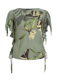 Blusa a maniche corte di colore verde chiaro, con stampa floreale in nero, beige e verde. Maniche arricciate e dettagli con cordoncino ai lati.