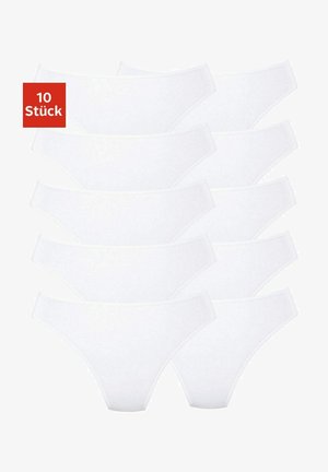 White cotton brief underwear, 10 pieces stacked, featuring a smooth texture and simple design with elasticated waistbands.