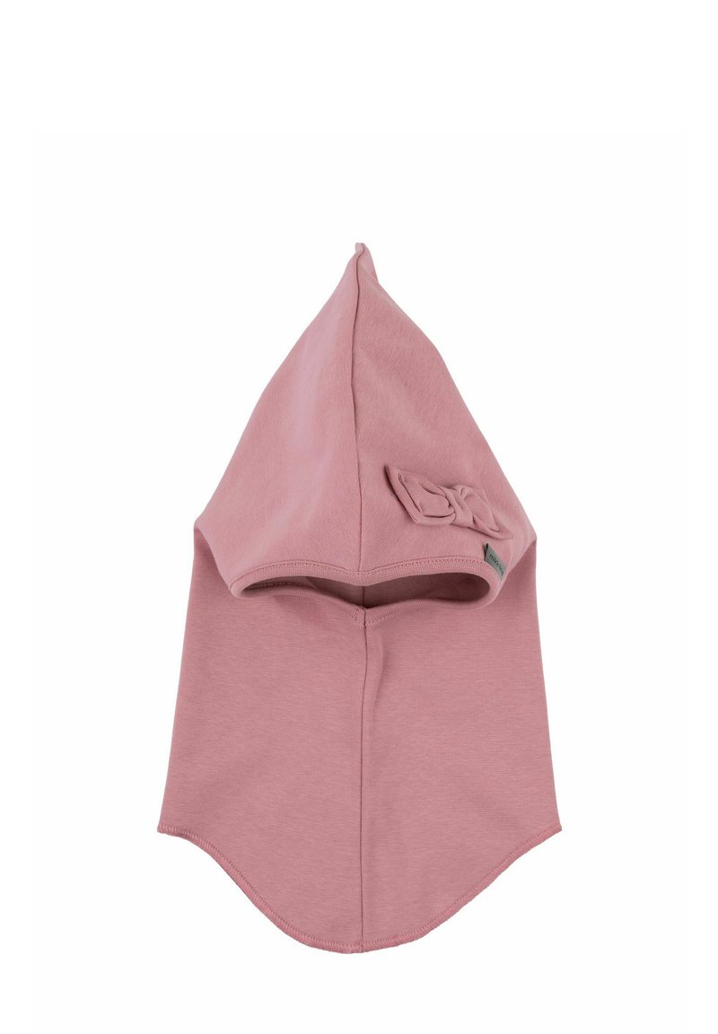 Cappellino di cotone rosa chiaro con una punta, copertura estesa per il collo e un accento decorativo a fiocco laterale. Texture liscia in tutto.