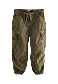 Olivgröna cargobyxor med elastiska muddar, flera sidofickor, dragsko i midjan och ett något strukturerat bomullsblandat tyg.