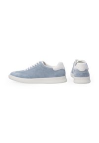 Light blue suede sneakers with white accents, rounded toe, flat white sole, and six eyelets for laces. Minimalist design and smooth texture.