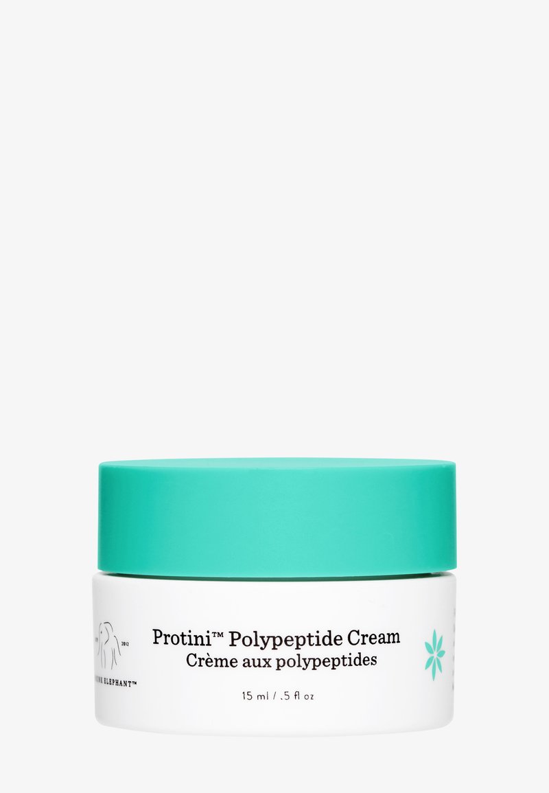 White cylindrical container with a turquoise lid, labeled “Protini™ Polypeptide Cream” in black text, 15 ml size.