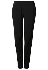 Black athletic pants made of lightweight fabric with a smooth texture, featuring a waistband and a small silver logo on the left side.