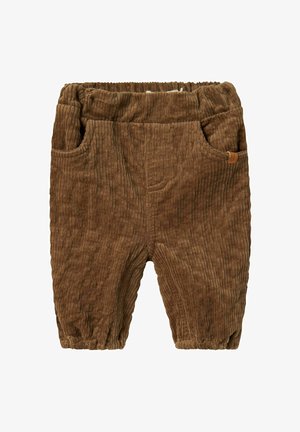Pantaloni din catifea groasă, de culoare maronie, cu o textură nervurată, având o talie elastică, buzunare laterale și manșete strânse pentru un fit lejer.