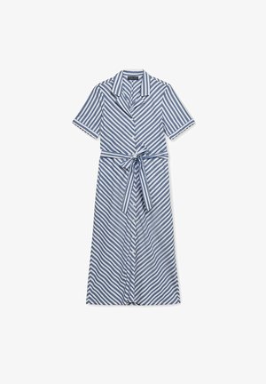 Abito camicia midi a righe blu e bianche, maniche corte, colletto, bottoni davanti e cintura annodata in vita.