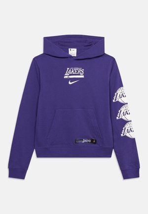 Hanorac mov cu glugă, cu logo-ul Los Angeles Lakers și sigla Nike pe piept, grafice cu baschet Lakers pe mâneca dreaptă și buzunar frontal tip cangur.