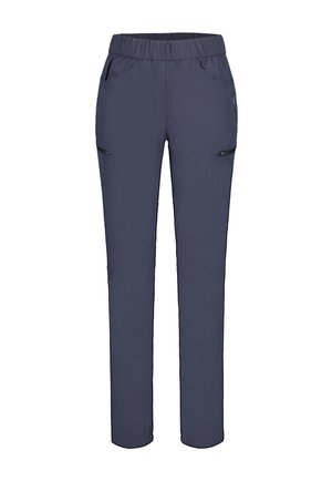 Marineblauwe cargobroek voor dames met elastische tailleband en ritssluitingen op de dijen, frontaal getoond op een witte achtergrond.