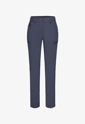 Pantalon cargo bleu marine pour femme avec taille élastique et poches zippées sur les cuisses, présenté de face sur fond blanc.