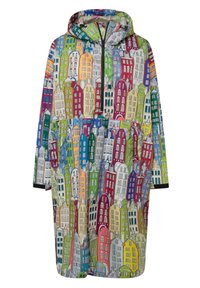 Oversized regenjas met capuchon, bedrukt met een kleurrijk patroon van gestileerde gebouwen in verschillende vormen en maten; gemaakt van lichtgewicht, waterdicht materiaal.
