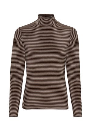 Gestreifter Brauner und Cremefarbener Rollkragensweater mit langen Ärmeln. Weiches Strickmaterial. Verfügt über einen enganliegenden, hohen Kragen und ein tailliertes Design.