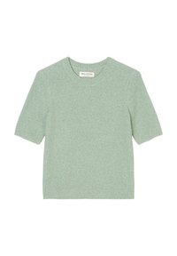 Maglione a maniche corte di colore verde chiaro, realizzato in tessuto morbido, con scollatura rotonda e orlo a costine. Design minimalista con una texture sottile.